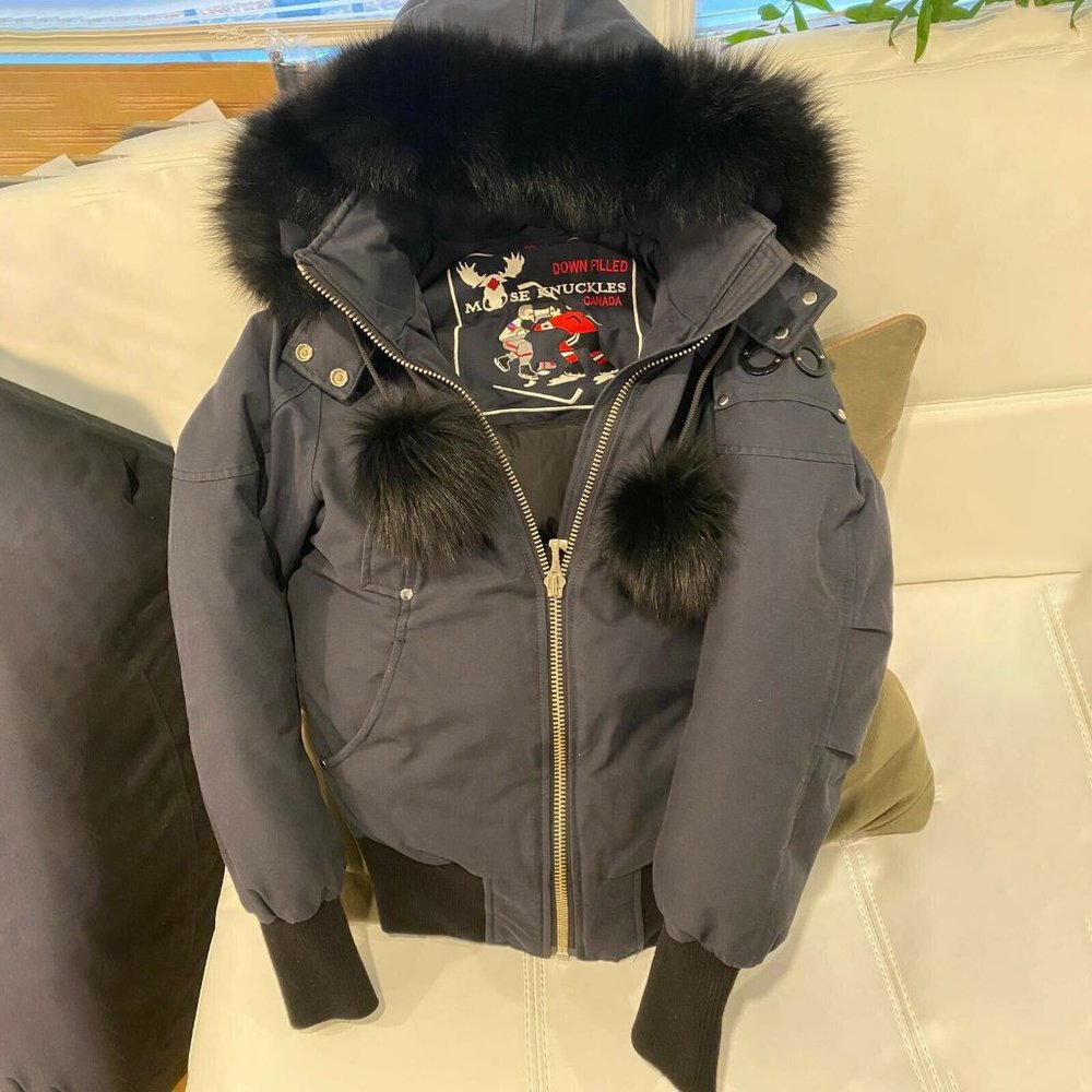 Women's Moose knuckles Debbie bomber Navy Blue jacket with Fox Fur Trim